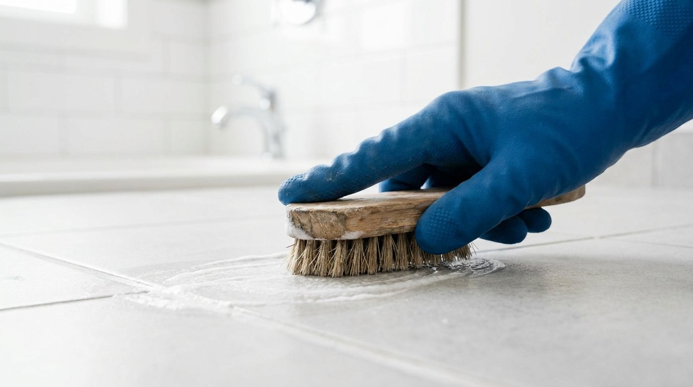 Nettoyer les joints de carrelage à la brosse avec une pâte blanche